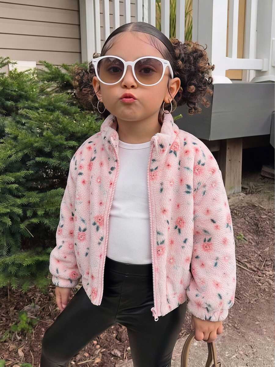 Young Girl Casual Daily Kids Bow Plush Printed Winter Jacket - Pink - View 1