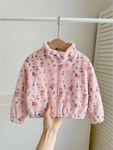 Young Girl Casual Daily Kids Bow Plush Printed Winter Jacket - Pink - View 5