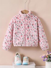 Young Girl Casual Daily Kids Bow Plush Printed Winter Jacket - Pink - View 4