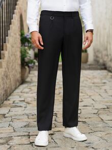 Manfinity Mode Men's Business Casual Solid Black Straight Leg Dress Pants, Perfect Holiday Gift Choice - Black - View 5