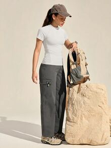 Exploreva Exploreva Women's Solid Color Ruched Slim Fit Versatile Daily Outdoor T-Shirt - White - View 9