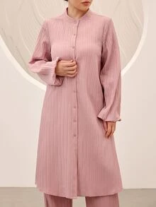 Graceveil 粉色紋理條紋小立領寬鬆夾克與長褲休閒女款阿拉伯風套裝 - 粉色 - 查看 7