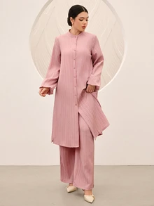 Graceveil 粉色紋理條紋小立領寬鬆夾克與長褲休閒女款阿拉伯風套裝 - 粉色 - 查看 5