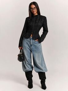 SHEIN BAE Áo khoác cổ đứng jacquard phong cách vintage thanh lịch - màu đen - Xem 3