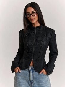 SHEIN BAE Áo khoác cổ đứng jacquard phong cách vintage thanh lịch - màu đen - Xem 1