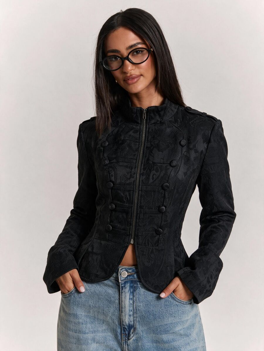 SHEIN BAE Áo khoác cổ đứng jacquard phong cách vintage thanh lịch - màu đen - Xem 1