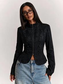SHEIN BAE Áo khoác cổ đứng jacquard phong cách vintage thanh lịch - màu đen - Xem 6