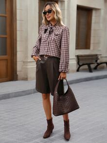 Brillora Women's Autumn/Winter Plaid Bow Tie Spaghetti Strap Elegant Casual Teachers' Day Back-To-School Blouse, Women's Rural Blouse Office Grey Plaid - Multicolor - View 5