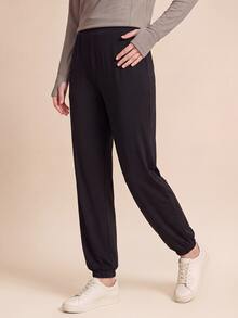 SHEIN With My Calm Women's Solid Color Pleated Casual Versatile Daily Travel Sports Long Pants - Black - View 5