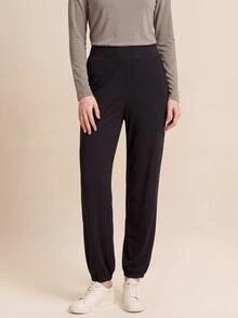 SHEIN With My Calm Women's Solid Color Pleated Casual Versatile Daily Travel Sports Long Pants - Black - View 1