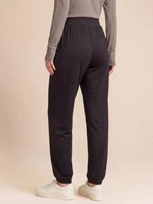 SHEIN With My Calm Women's Solid Color Pleated Casual Versatile Daily Travel Sports Long Pants - Black - View 2