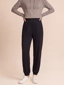 SHEIN With My Calm Women's Solid Color Pleated Casual Versatile Daily Travel Sports Long Pants - Black - View 3