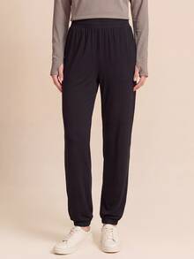 SHEIN With My Calm Women's Solid Color Pleated Casual Versatile Daily Travel Sports Long Pants - Black - View 4