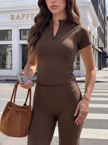 Dewbera Dewbera Sporty Fashion Short Sleeve Sweatshirt With Half-Zip Hidden Zipper, Slim Fit, Split Line Design, Mesh Back, Brown Equestrian Riding Outfit - Brown - View 7