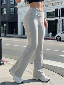 SHEIN Sports Wide Waistband Flare Leg Sports Baggy Essential Low Rise Low Waist Pants Gym Pilates Running White Summer - Mist Green - View 4