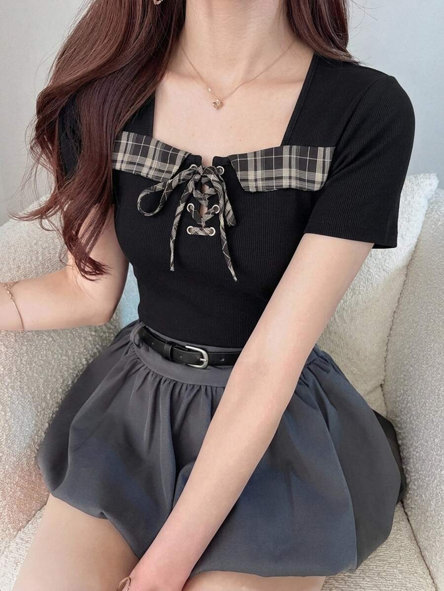 FRIFUL 女款掛脖格紋布料拼接泡泡短袖收腰鈕扣裝飾甜辣風夏季T恤可愛上衣 - 黑色 - 查看 1