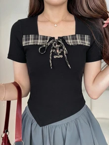 FRIFUL 女款掛脖格紋布料拼接泡泡短袖收腰鈕扣裝飾甜辣風夏季T恤可愛上衣 - 黑色 - 查看 3