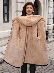 Reflora 大尺碼女款優雅黑色加厚外套，淺卡其色內裡，附口袋，冬季穿著 - 黑色 - 查看 6