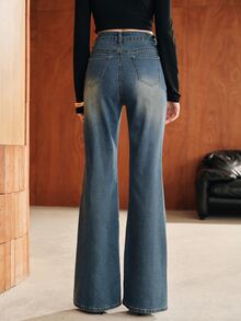Anewsta Women's Casual Versatile Daily Wear Flared Denim Jeans With Pockets And Buttons - Blue - View 3