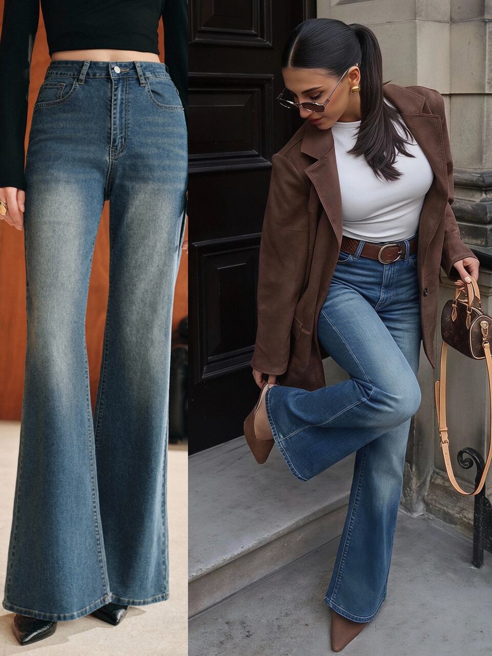 Anewsta Jeans de mezclilla acampanados casuales y versátiles para uso diario con bolsillos y botones para mujer