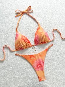Soleia 大码女式夏季沙滩印花露背系带性感比基尼泳装套装度假泳衣 - 橘色 - 查看 5