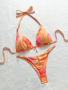Soleia 大码女式夏季沙滩印花露背系带性感比基尼泳装套装度假泳衣 - 橘色 - 查看 4