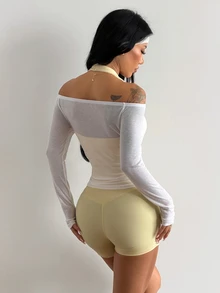 Coolane Women's Summer Going Out Sport Music Festival Cross Graphics Lace Patchwork Off The Shoulder Top - White - View 2