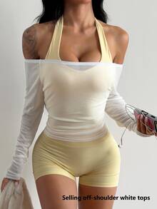 Coolane Women's Summer Going Out Sport Music Festival Cross Graphics Lace Patchwork Off The Shoulder Top - White - View 1