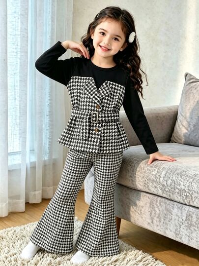 SHEIN Elladie kids Autumn Long-Sleeve Set For Girls, Featuring A Houndstooth Print Panel With A Belt And Flared Pants, Perfect For Spring And Autumn Outings.
