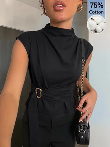 Aloruh 黑色短袖襯衫 優雅休閒商務通勤 極簡老錢風 優雅辦公室女上衣 夏季 - 黑色 - 查看 1