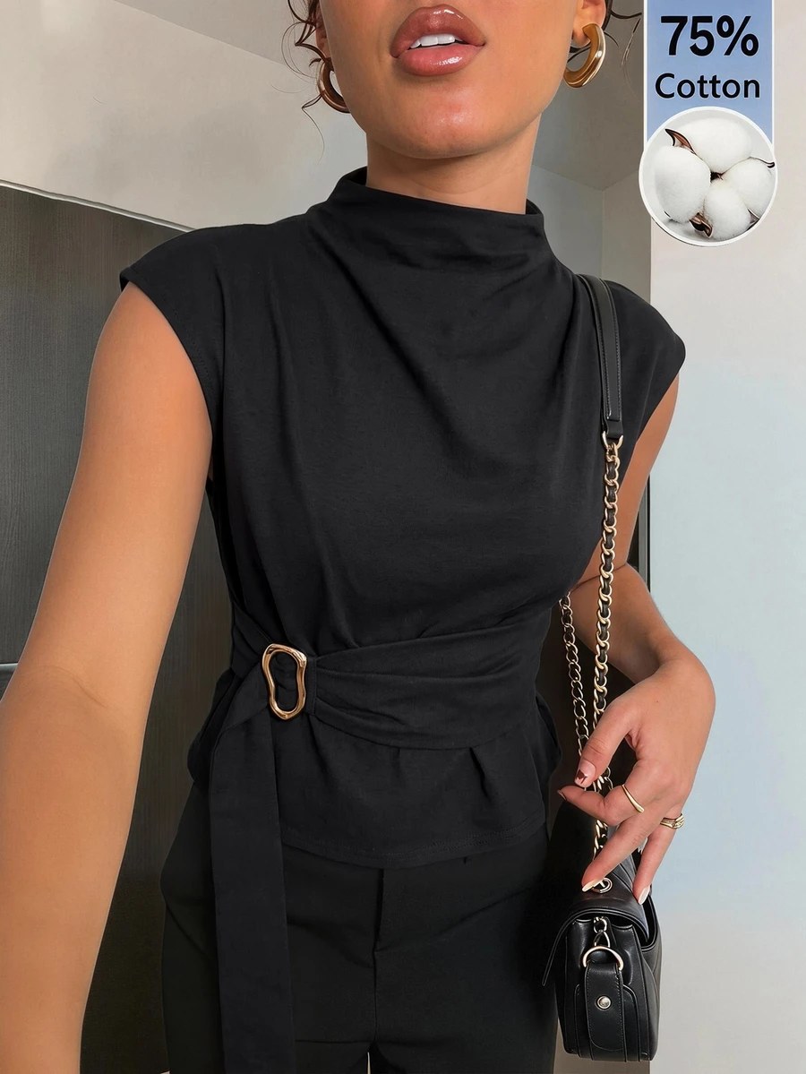 Aloruh 黑色短袖襯衫 優雅休閒商務通勤 極簡老錢風 優雅辦公室女上衣 夏季 - 黑色 - 查看 1