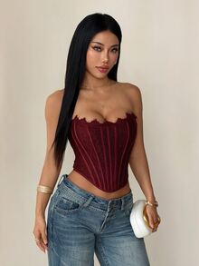 SHEIN PETITE 女款蕾絲拼接修身百搭約會與外出抹胸上衣 - 酒紅色 - 查看 5