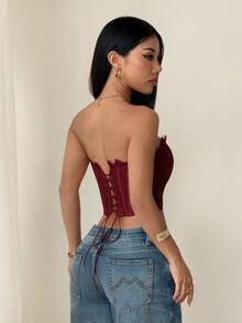 SHEIN PETITE 女款蕾絲拼接修身百搭約會與外出抹胸上衣 - 酒紅色 - 查看 2