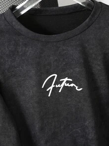 SHEIN Teen Boys Crew Neck Long Sleeve,Boys Vintage Washed Long Sleeve Tee, Crew Neck Letter Graphic Loose Casual Streetwear T‑Shirt For Teen Boys Fall Winte - Black - View 4