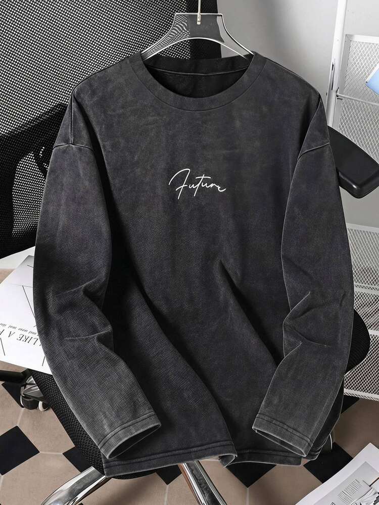 SHEIN Teen Boys Crew Neck Long Sleeve,Boys Vintage Washed Long Sleeve Tee, Crew Neck Letter Graphic Loose Casual Streetwear T‑Shirt For Teen Boys Fall Winte - Black - View 1