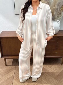 Lounesse 女款白色印花落肩上衣寬腿褲套裝，秋季休閒優雅傳統家居服，適合日常外出、度假、生日穿搭 - 杏色 - 查看 7