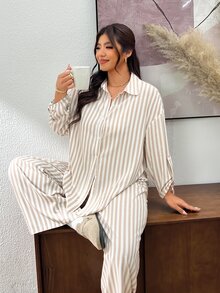 Lounesse 女款白色印花落肩上衣寬腿褲套裝，秋季休閒優雅傳統家居服，適合日常外出、度假、生日穿搭 - 杏色 - 查看 8