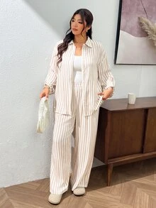 Lounesse 女款白色印花落肩上衣寬腿褲套裝，秋季休閒優雅傳統家居服，適合日常外出、度假、生日穿搭 - 杏色 - 查看 4