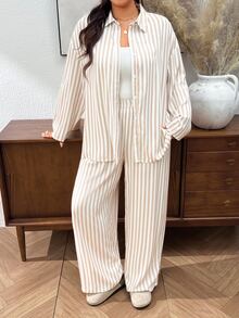 Lounesse 女款白色印花落肩上衣寬腿褲套裝，秋季休閒優雅傳統家居服，適合日常外出、度假、生日穿搭 - 杏色 - 查看 6