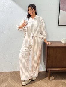 Lounesse 女款白色印花落肩上衣寬腿褲套裝，秋季休閒優雅傳統家居服，適合日常外出、度假、生日穿搭 - 杏色 - 查看 10