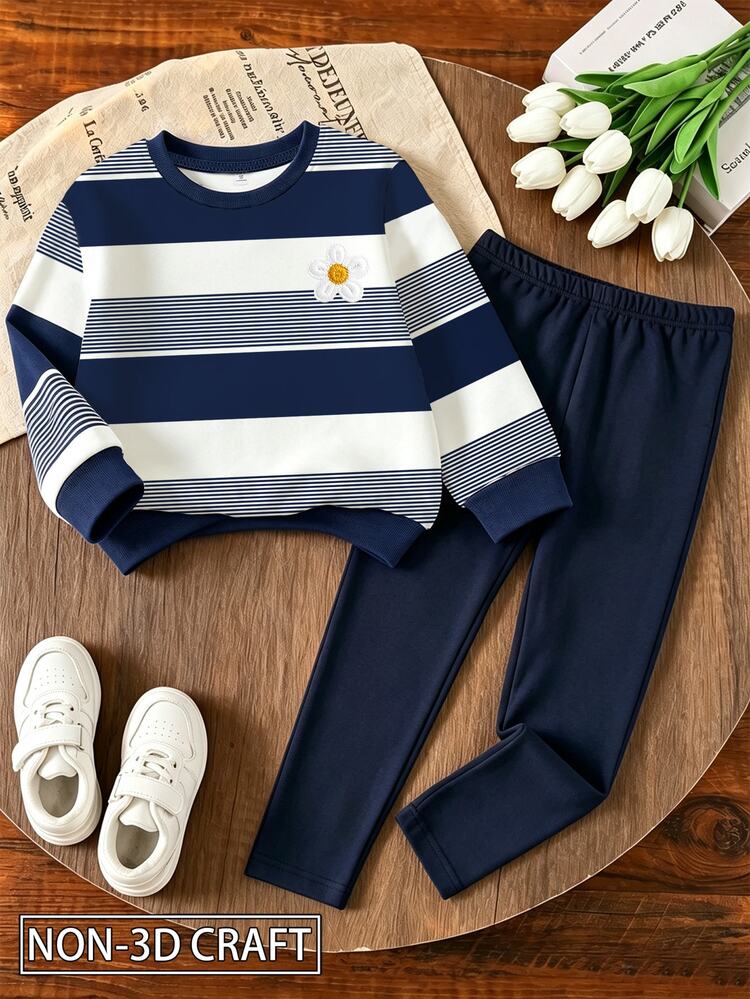 Back To School Autumn/Winter Casual Fashion Girls Cute Fresh Striped Print Sweatshirt, Suitable For Christmas And Halloween Crew Neck Sweatshirt And Leggings Set, Outing Outfit, Versatile Autumn/Winter Girls Big Kids Sweatshirt And Leggings Set, Suitable For Girls 8Y-12Y, Royal Blue Retro Sporty - Multicolor - View 3