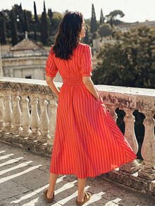 Dayvera Women's Summer Pink And Orange Stripe Vertical Striped V Neck Short Sleeve Button Front Smocked Waist Elegant Tropical Boho Casual Dress - Red - View 2