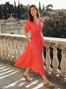 Dayvera Women's Summer Pink And Orange Stripe Vertical Striped V Neck Short Sleeve Button Front Smocked Waist Elegant Tropical Boho Casual Dress - Red - View 5