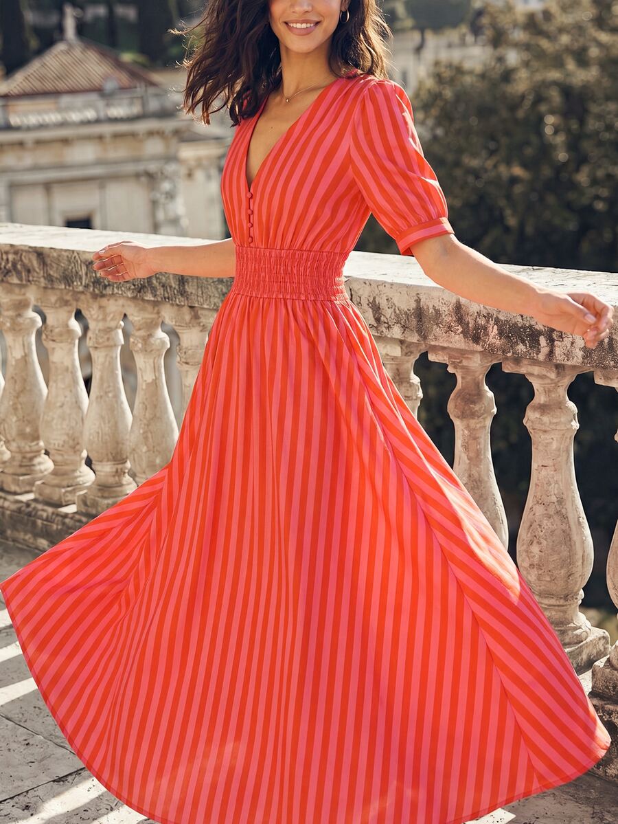 Dayvera Women's Summer Pink And Orange Stripe Vertical Striped V Neck Short Sleeve Button Front Smocked Waist Elegant Tropical Boho Casual Dress - Red - View 1