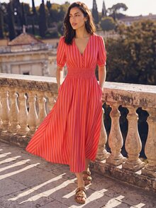 Dayvera Women's Summer Pink And Orange Stripe Vertical Striped V Neck Short Sleeve Button Front Smocked Waist Elegant Tropical Boho Casual Dress - Red - View 3