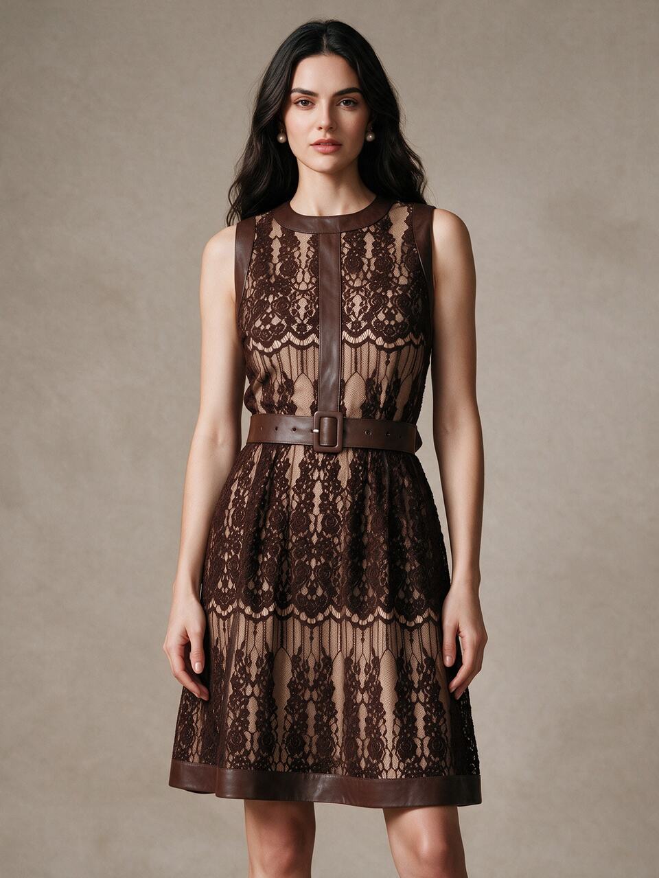 Anewsta Women's Elegant Coffee Brown Lace PU Material Sleeveless Round Neck Cinched Waist Short Dress, Suitable For Daily Wear And Parties Dinner Autumn