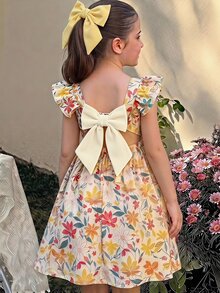 SHEIN 女童黃色格紋印花T恤度假風可愛度假洋裝 - 黃色 - 查看 7