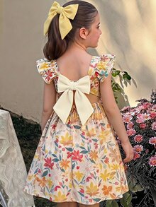 SHEIN 女童黃色格紋印花T恤度假風可愛度假洋裝 - 黃色 - 查看 2