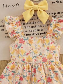 SHEIN 女童黃色格紋印花T恤度假風可愛度假洋裝 - 黃色 - 查看 6