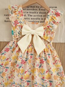 SHEIN 女童黃色格紋印花T恤度假風可愛度假洋裝 - 黃色 - 查看 5